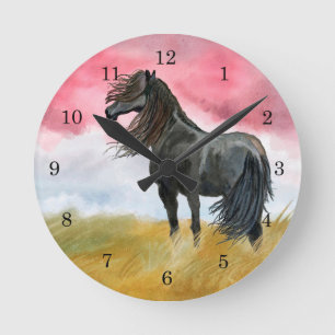 Black Horse in Field Wall Clock