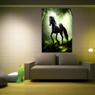Black horse in the forst   AI Art Poster