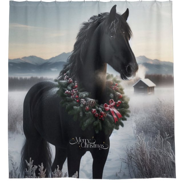 Black horse in the snow with Christmas wreath  (Front)