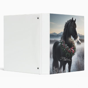 Black horse in the snow with Christmas wreath  Binder