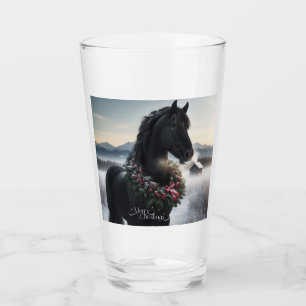 Black horse in the snow with Christmas wreath  Glass