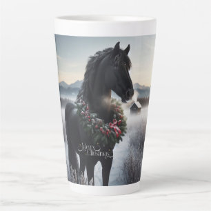 Black horse in the snow with Christmas wreath  Latte Mug