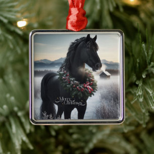 Black horse in the snow with Christmas wreath  Metal Ornament