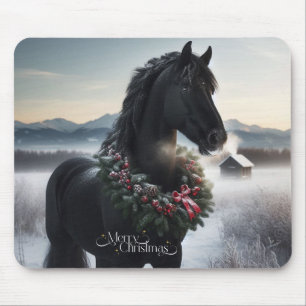 Black horse in the snow with Christmas wreath  Mouse Pad