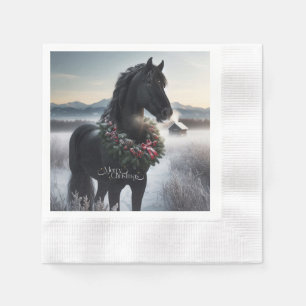 Black horse in the snow with Christmas wreath Napkin