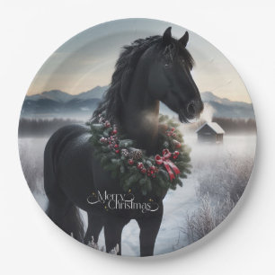Black horse in the snow with Christmas wreath  Paper Plate