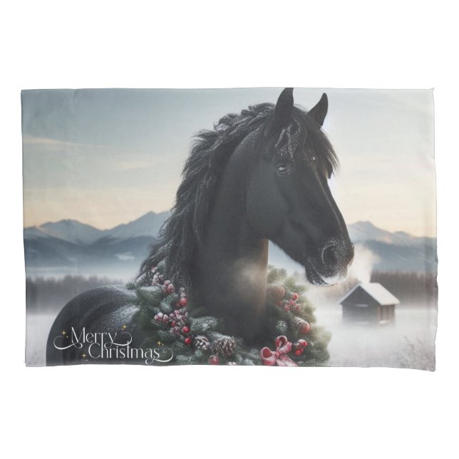 Black horse in the snow with Christmas wreath  Pillowcase (Front)