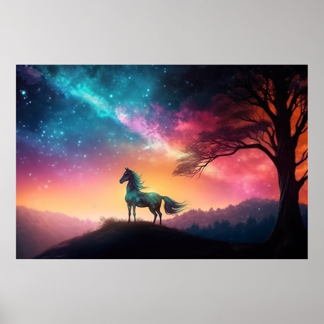 Black Horse in Vibrant Mountain Landscape Poster (Front)