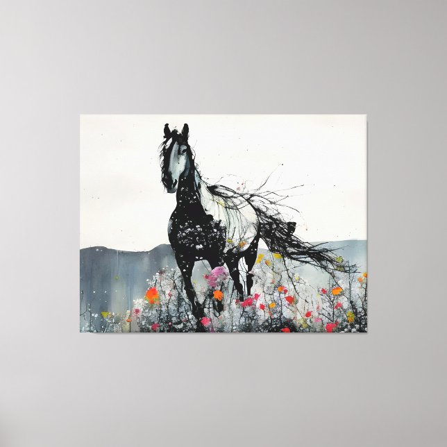 Black Horse in Wildflowers Canvas Print (Front)