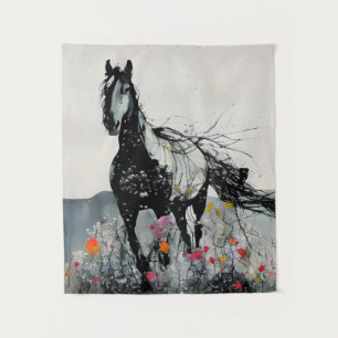 Black Horse in Wildflowers Tapestry