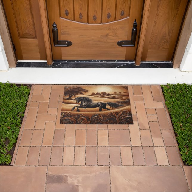 Black Horse Leather Doormat (Outdoor)