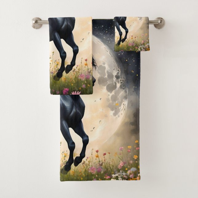 Black Horse Moon Flower Field, Bath Towel Set (Insitu)