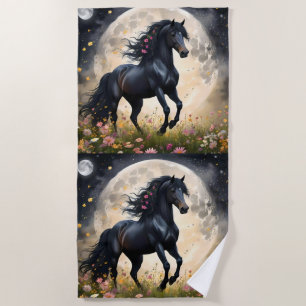 Black Horse Moon Flower Field, Beach Towel