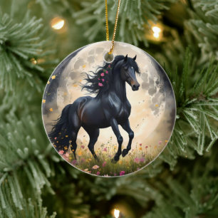 Black Horse Moon Flower Field, Ceramic Ornament