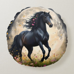 Black Horse Moon Flower Field, Round Pillow
