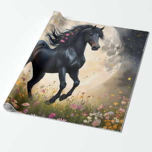 Black Horse Moon Flower Field, Wrapping Paper