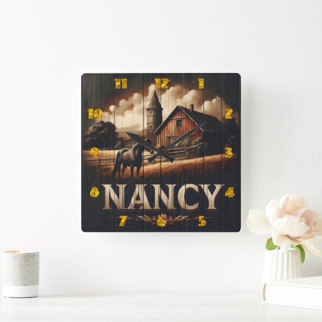 Black Horse Near Barn at Nancy Farm Square Wall Clock (Home)