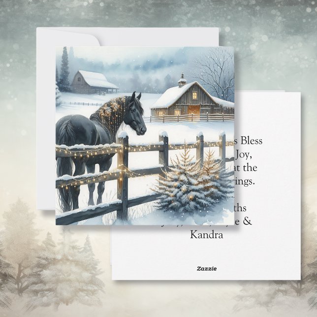 Black Horse on a Christmas Farm Personalized Holiday Card (Creator Uploaded)