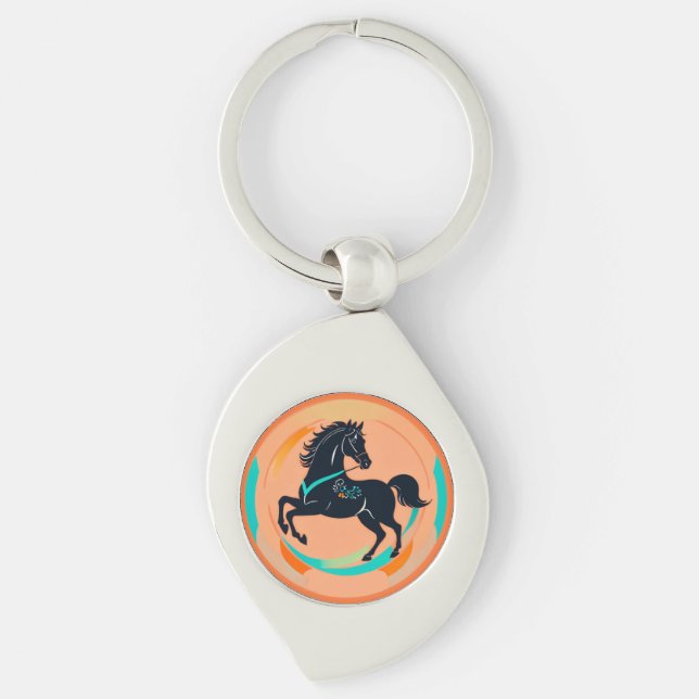 Black Horse on a Colourful Background Keychain (Front)