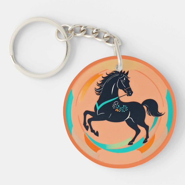 Black Horse on a Colourful Background Keychain (Front)