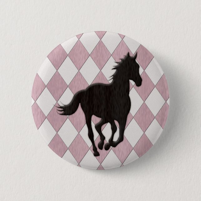 Black Horse on Pink White Diamond Pattern 2 Inch Round Button (Front)