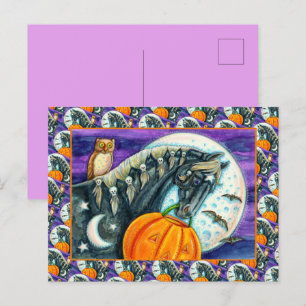 BLACK HORSE, OWL, JACK O LANTERN SKULLS HALLOWEEN  HOLIDAY POSTCARD