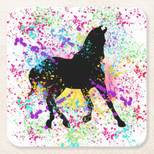 Black Horse Paint Splatter   Square Paper Coaster