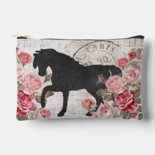 Black Horse Pink Rose French Script Feminine Zip Accessory Pouch