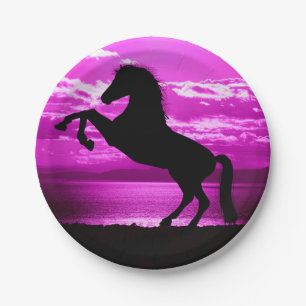 Black Horse Purple Sky and Water Paper Plate