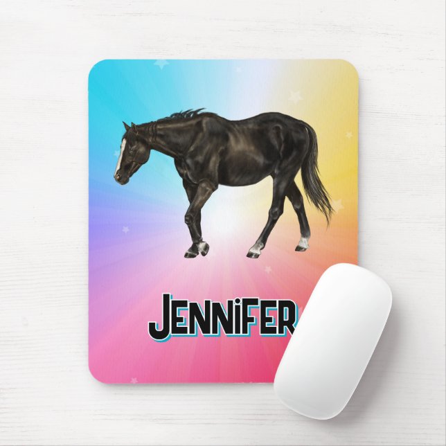 Black Horse Rainbow Pastel Whimsical Equestrian Mouse Pad (With Mouse)