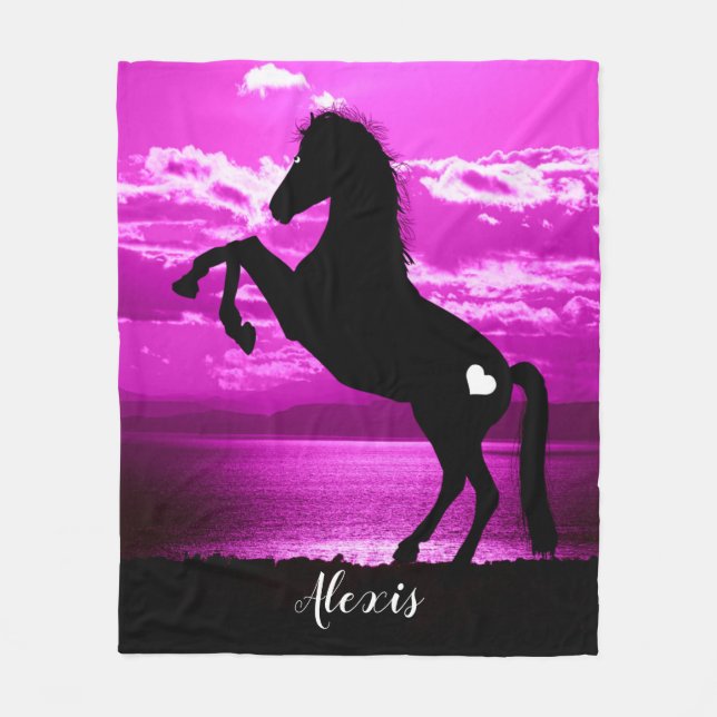 Black Horse Rearing Purple Sky Fleece Blanket (Front)