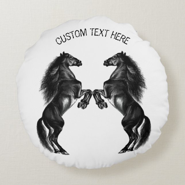 Black Horse Round Pillow Custom Text and Colour (Back)