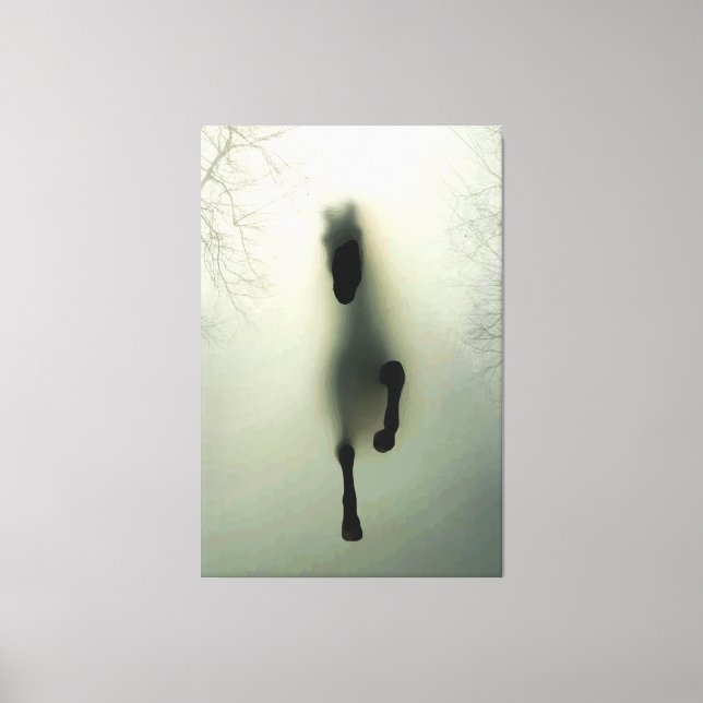 Black horse running in foggy forest canvas print (Front)