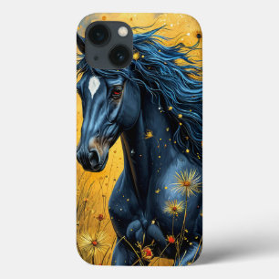 Black Horse Running Through a Vibrant Meadow iPhone 13 Case