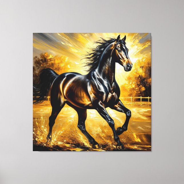 Black Horse Running Through Water in Golden Sunset Canvas Print (Front)