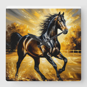 Black Horse Running Through Water in Golden Sunset Square Wall Clock