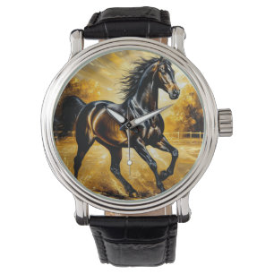 Black Horse Running Through Water in Golden Sunset Watch