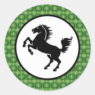 Black Horse Silhouette on Green Pattern Classic Round Sticker