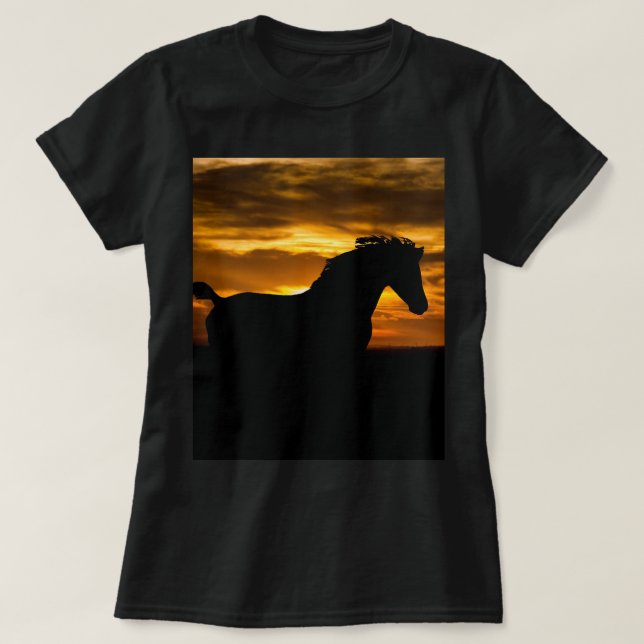 Black Horse Sunset Silhouette T-Shirt (Design Front)
