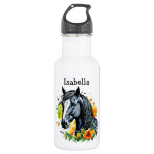 Black Horse Surrounded by Flowers Personalized 532 Ml Water Bottle