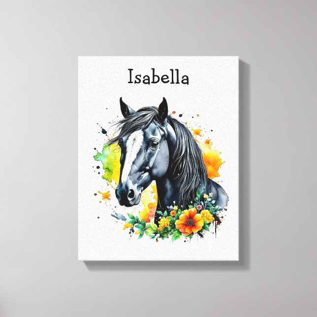 Black Horse Surrounded by Flowers Personalized  Canvas Print (Front)