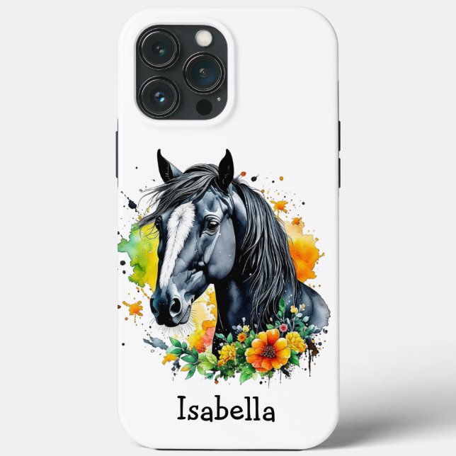 Black Horse Surrounded by Flowers Personalized  Case-Mate iPhone Case (Back)