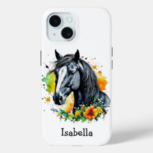 Black Horse Surrounded by Flowers Personalized  iPhone 15 Case
