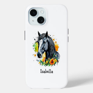 Black Horse Surrounded by Flowers Personalized  iPhone 15 Case
