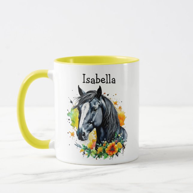 Black Horse Surrounded by Flowers Personalized  Mug (Left)