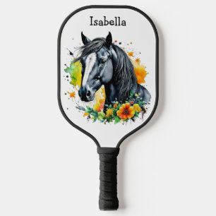 Black Horse Surrounded by Flowers Personalized Pickleball Paddle
