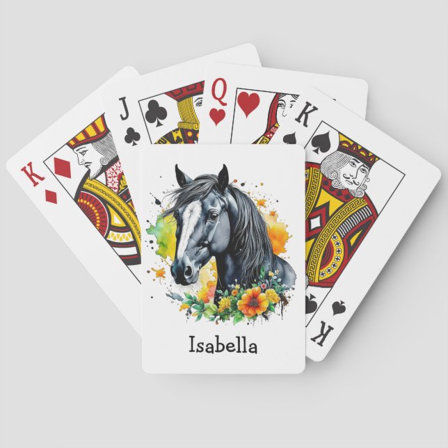 Black Horse Surrounded by Flowers Personalized  Playing Cards (Back)