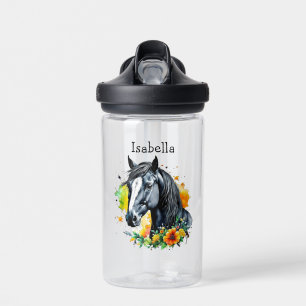 Black Horse Surrounded by Flowers Personalized  Water Bottle