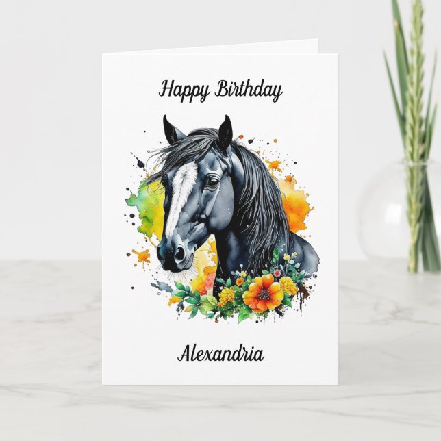 Black Horse Surrounded by Yellow Flowers Birthday Card (Front)