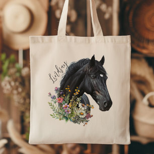 Black Horse Wildflowers w Name Personalization Tote Bag